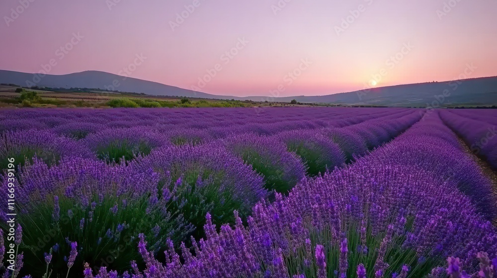 Naklejka premium Vibrant purple lavender field at sunrise, rolling hills and a setting sun.