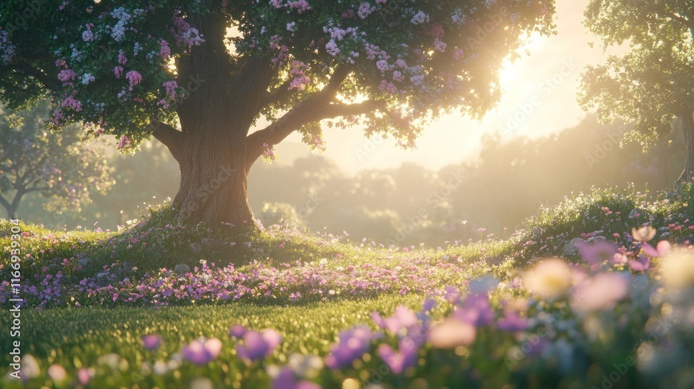 Obraz premium Sunlit meadow with blossoming tree and wildflowers.