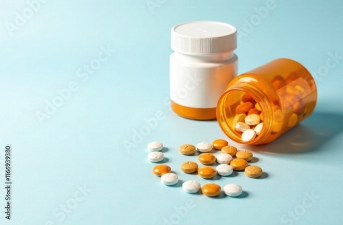 space for text on the left, on the right there are many different tablets, pills and medicines