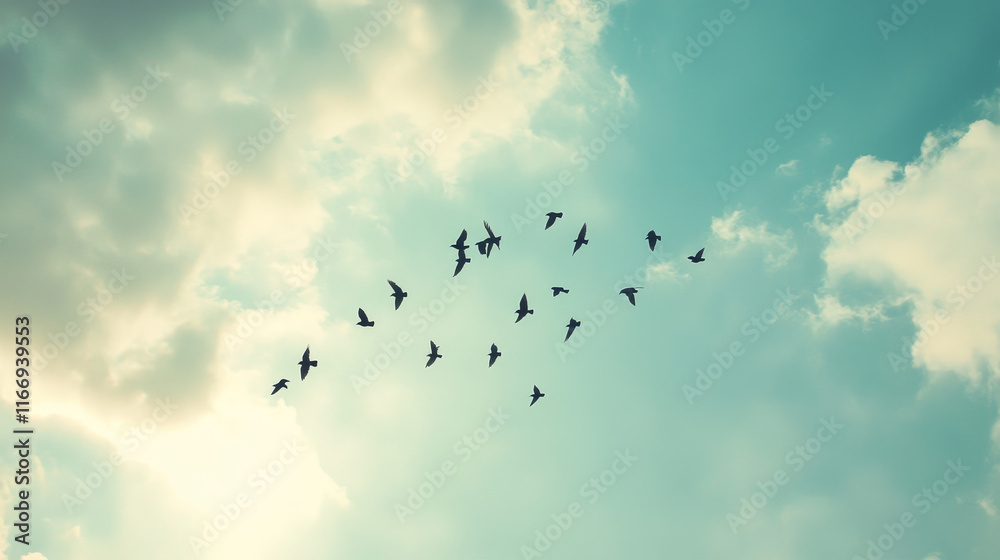 Seamless background of flying swallows for nature theme or scrapbook page backdrop design usage with pattern of flock of colorful birds with long slender tails Seamless background of flying swallows for nature theme or scrapbook page backdrop design usage with pattern of flock of colorful birds with long slender tails
