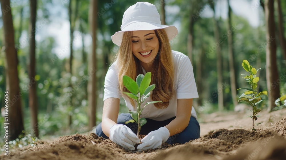 Obraz premium Woman Planting Young Tree in Lush Forest Wearing White Hat and Gloves Engaging in Environmental Conservation
