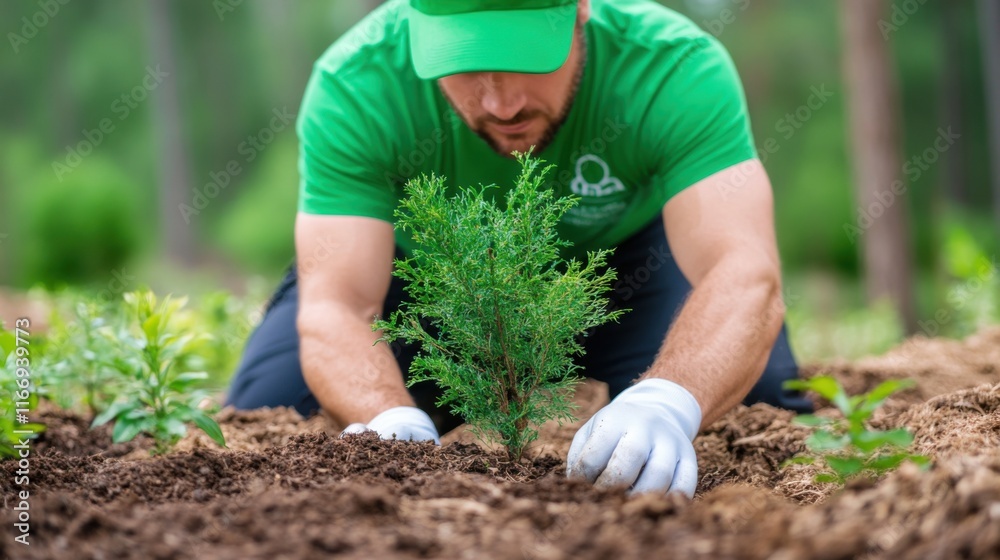 Fototapeta premium Close-Up of Man Planting Young Tree in Soil, Nurturing Nature Through Sustainable Practices and Green Initiatives