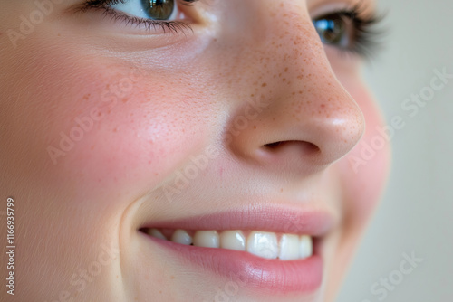 close up view of smiling face with dimples and freckles, showcasing healthy skin and bright eyes. expression conveys joy and warmth, highlighting natural beauty