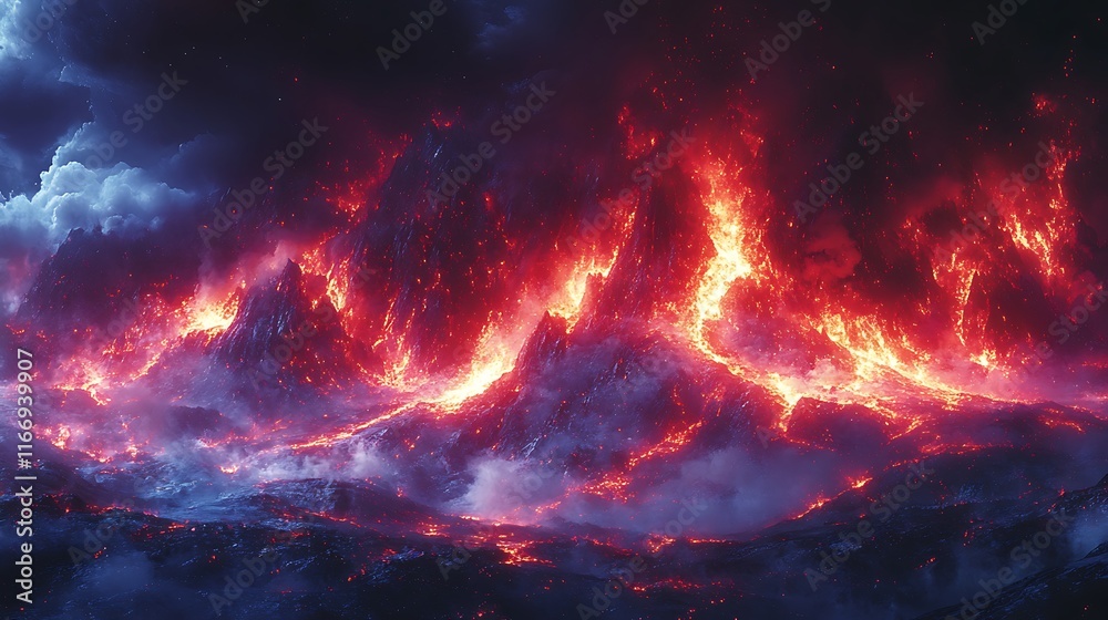 Fototapeta premium Fiery Lava Flows Across Volcanic Mountain Range