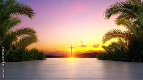 Serene sunset with a cross framed by palm trees.