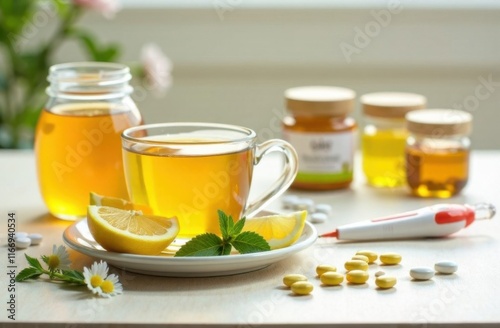 Hot tea in a mug, honey in a jar, lemon, treatment, recovery