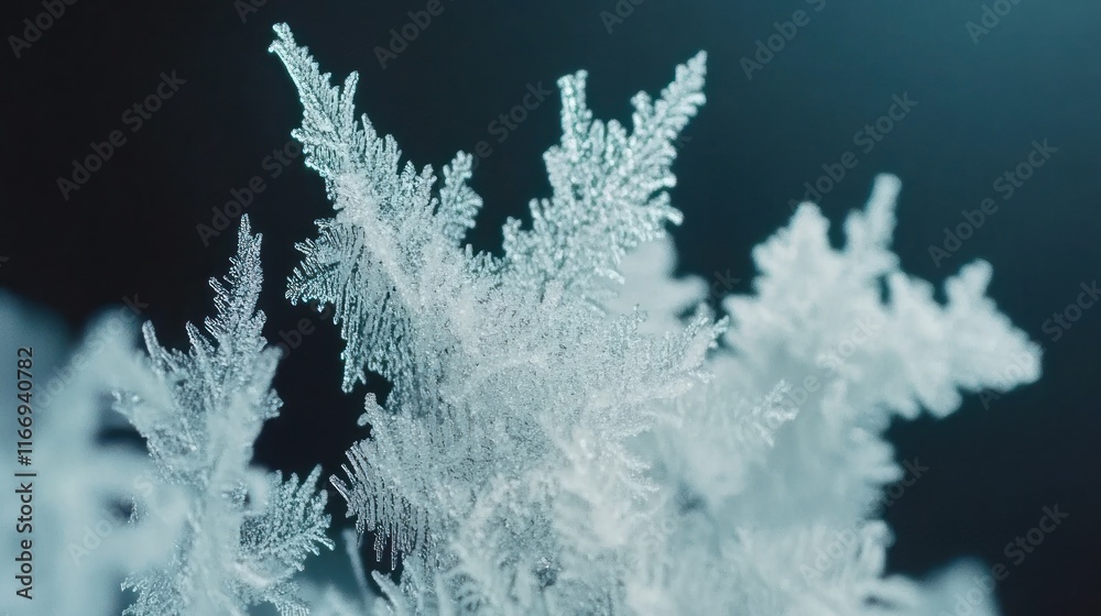Close-up of delicate, icy frost crystals forming intricate patterns against a dark background. Close-up of delicate, icy frost crystals forming intricate patterns against a dark background.