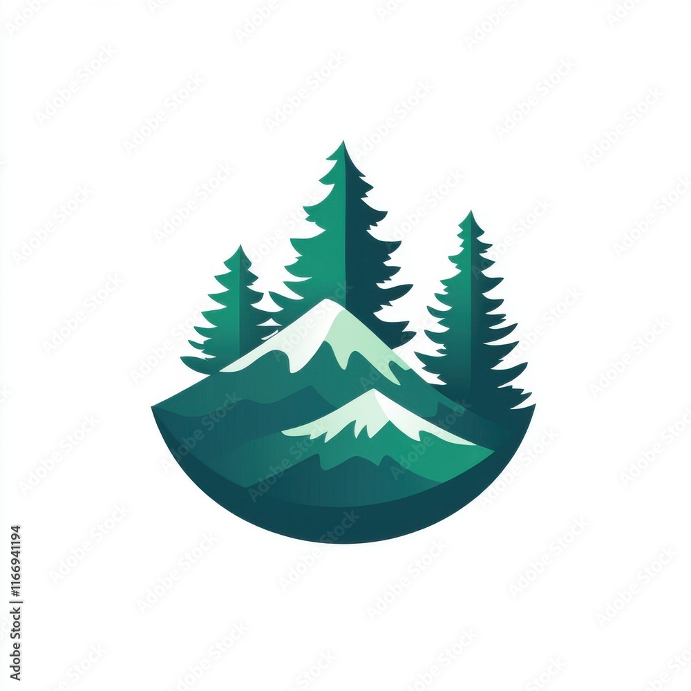 Obraz premium Stylized mountain landscape featuring green pine trees and snow-capped peaks.