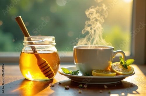 Hot tea in a mug, honey in a jar, lemon, treatment, recovery