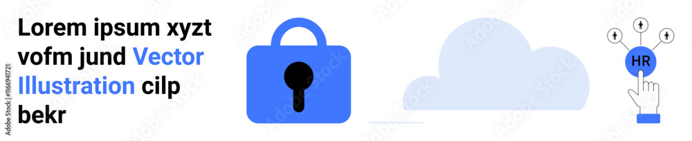 Blue padlock signifying security, cloud icon symbolizing data storage, and HR icon with a pointing finger. Ideal for cybersecurity, data protection, cloud services, HR tech, online safety, privacy Blue padlock signifying security, cloud icon symbolizing data storage, and HR icon with a pointing finger. Ideal for cybersecurity, data protection, cloud services, HR tech, online safety, privacy