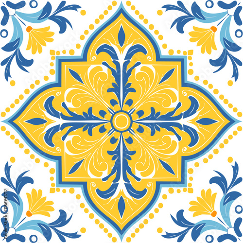 Traditional Azulejo ceramic tiles. Vector Italian print for fabric and wallpaper. Sicilian majolica in blue and yellow colors. Mediterranean style ornament.