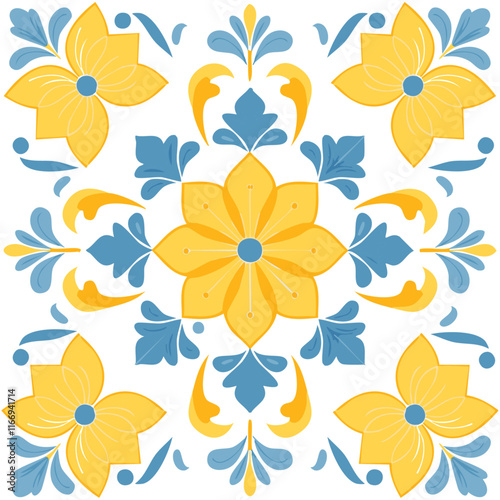 Traditional Azulejo ceramic tiles. Vector Italian print for fabric and wallpaper. Sicilian majolica in blue and yellow colors. Mediterranean style ornament.