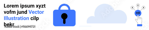 Blue padlock signifying security, cloud icon symbolizing data storage, and HR icon with a pointing finger. Ideal for cybersecurity, data protection, cloud services, HR tech, online safety, privacy