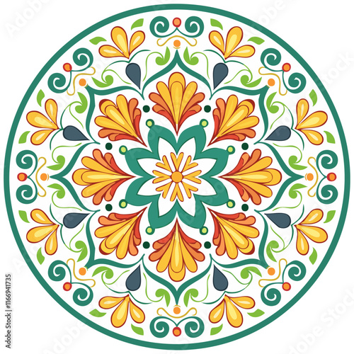 Majolica round vector pattern. Traditional Italian tiles for prints on clothes and plates. Classic Mediterranean azulejo design.