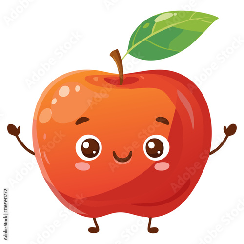 Cute red apple vector illustration in cartoon style. Character for packaging and design. Childish adorable image of fresh fruit.