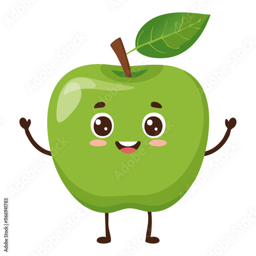 Cute green apple vector illustration in cartoon style. Character for packaging and design. Childish charming image of fresh fruit.