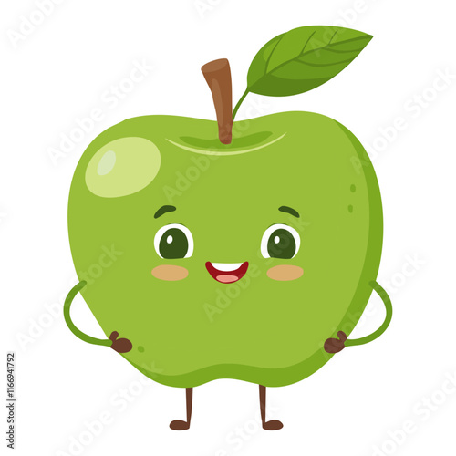 Cute green apple vector illustration in cartoon style. Character for packaging and design. Childish charming image of fresh fruit.