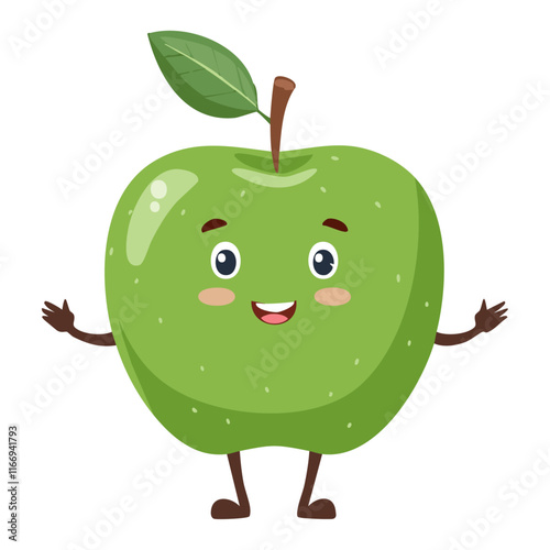 Cute green apple vector illustration in cartoon style. Character for packaging and design. Childish charming image of fresh fruit.