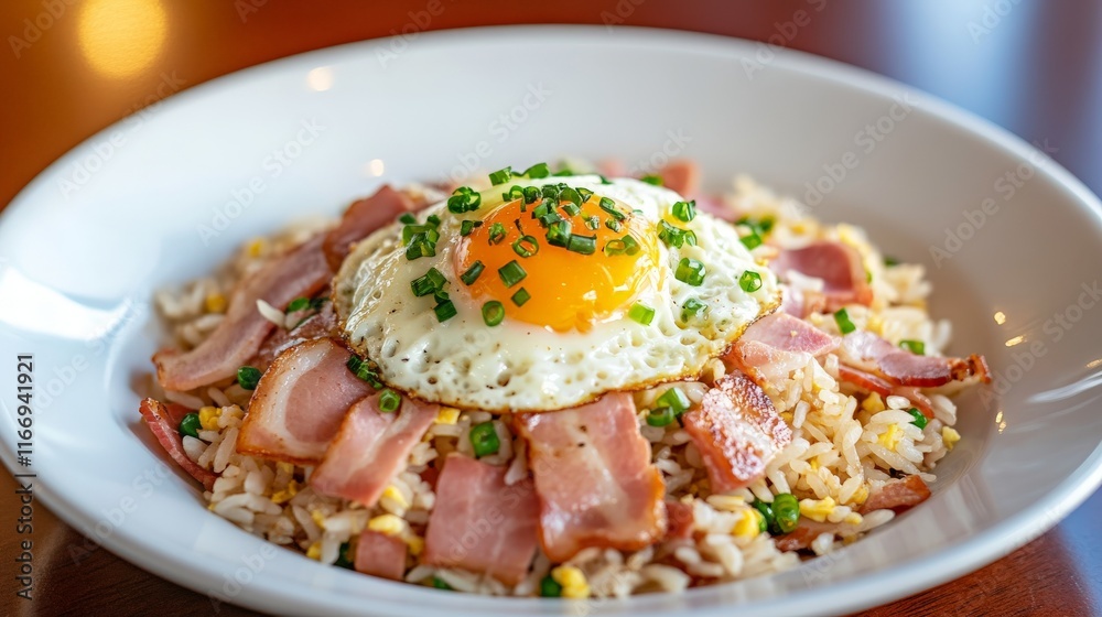 Delicious Bacon and Egg Fried Rice on White Dish Delicious Bacon and Egg Fried Rice on White Dish