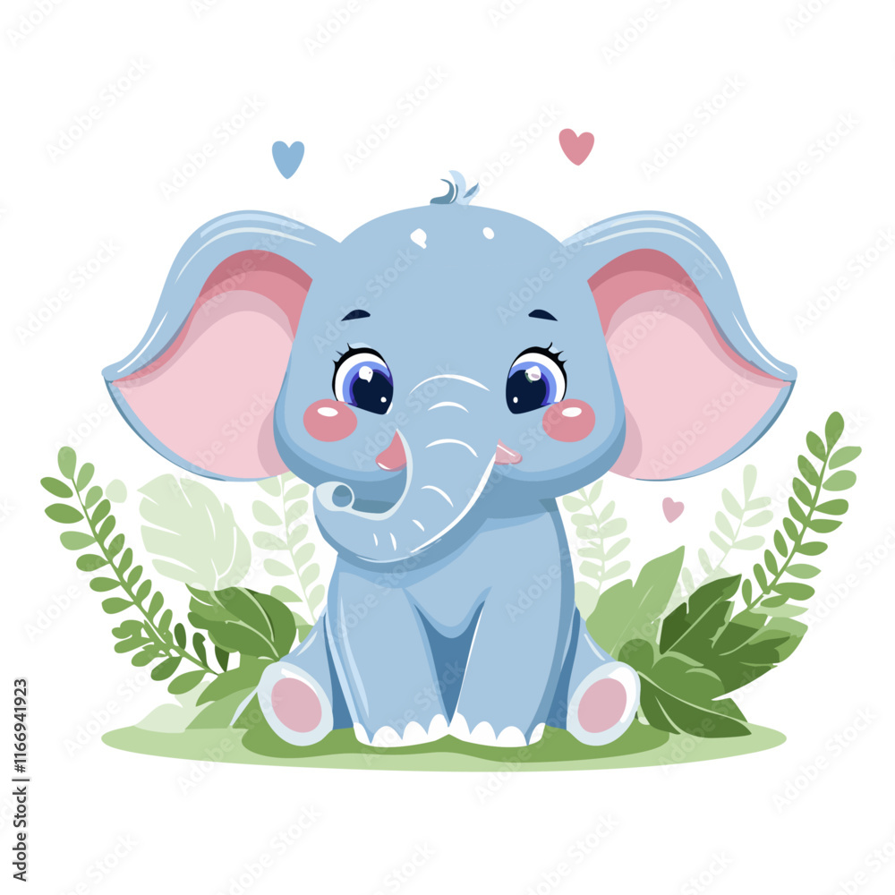 Obraz premium Cute elephant sitting with palm leaves vector illustration. Cartoon style image of a small mammal animal. For prints and children's room design.