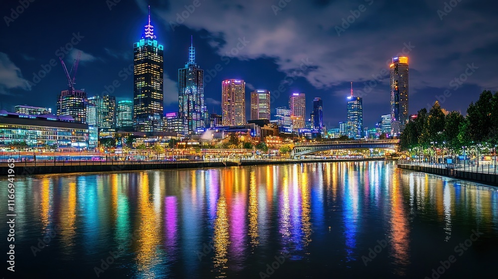 Vibrant city skyline at night reflected in calm water. Vibrant city skyline at night reflected in calm water.