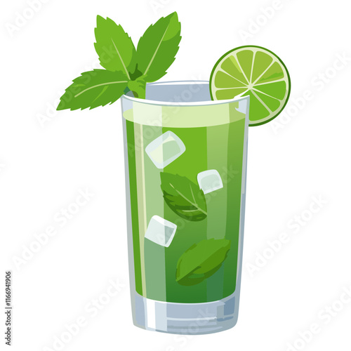 Mojito cocktail vector color illustration. Refreshing summer drink mint with ice on isolated background. For bar and menu