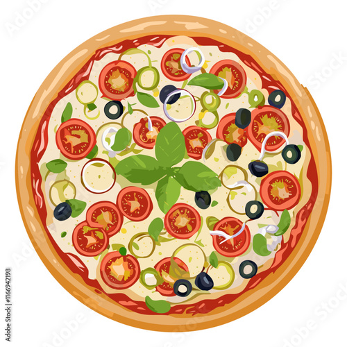 Pizza round whole top view vector illustration. Traditional italian food image in cartoon style. Fast food for menu and design.
