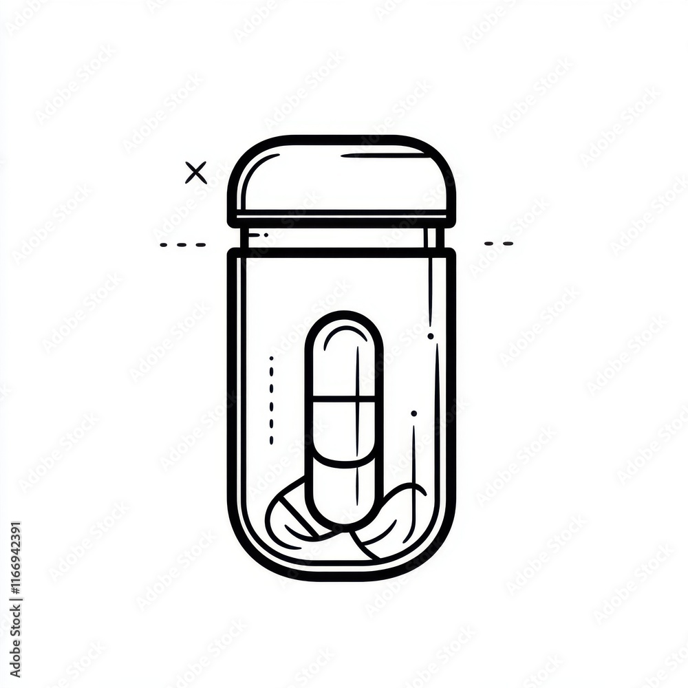 Minimalist illustration of a capsule inside a clear bottle, symbolizing health and wellness. Minimalist illustration of a capsule inside a clear bottle, symbolizing health and wellness.