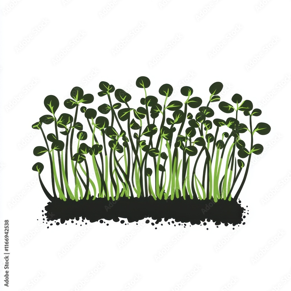 A vibrant cluster of green seedlings sprouting from rich black soil, symbolizing growth and renewal.
