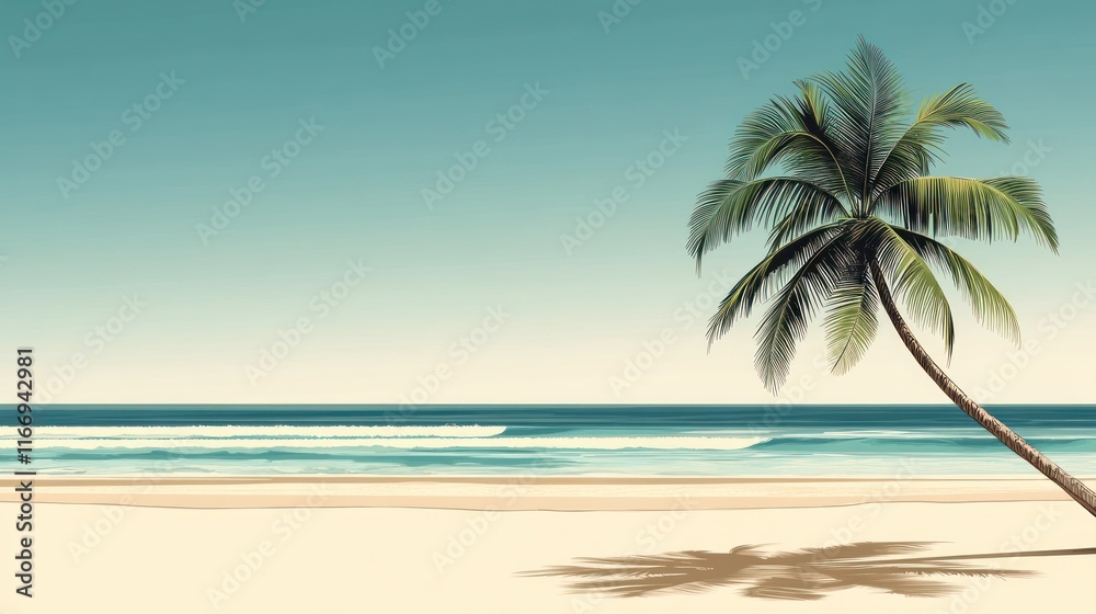 Serene beach scene with a lone palm tree leaning over white sand, turquoise water, and a clear sky. Serene beach scene with a lone palm tree leaning over white sand, turquoise water, and a clear sky.