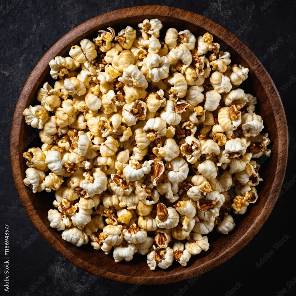 Wooden bowl containing popcorn Wooden bowl containing popcorn