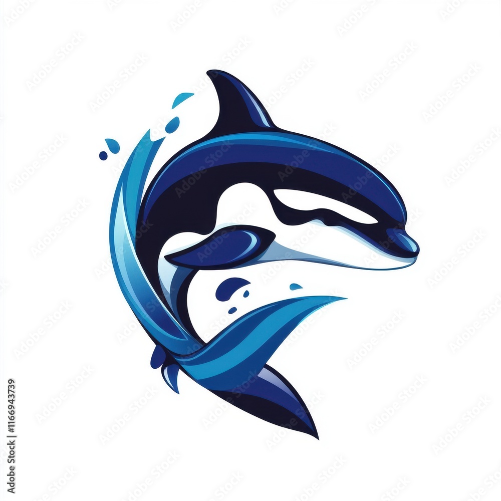 Obraz premium Stylized blue orca whale surrounded by splashes of water.