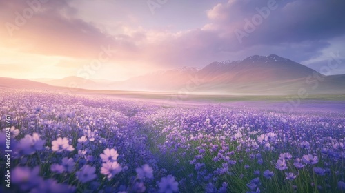Serene sunrise over a vast purple flower field and majestic mountains.