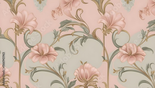 Wallpaper Mural Delicate floral pattern featuring soft pastel colors with intricate flower designs, ideal for fabric, wallpaper, stationery, and digital design projects. Torontodigital.ca