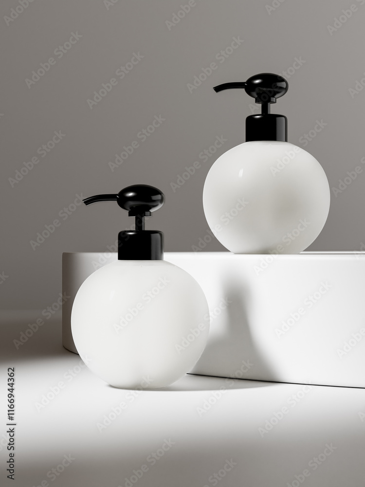 Obraz premium Pump bottle mockup, round shape dispenser bottle display standing on background, frosted plastic liquids packaging, elegant lotion container, cosmetic dispenser, translucent orbit bottle