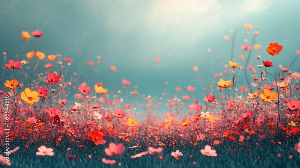 Obraz premium Stunning field of vibrant red poppy flowers blooming in a lush green meadow with a scenic nature landscape in the background Peaceful