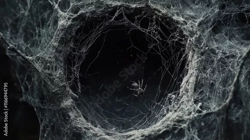 Fototapeta na wymiar Close-up of a spider in its dusty, intricate web.
