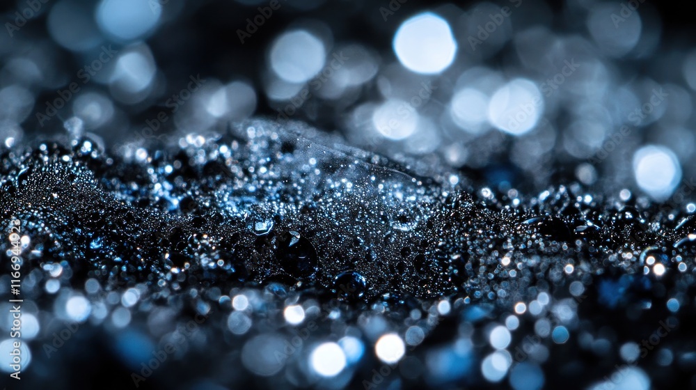 Close-up of water droplets on a dark surface with bokeh lights. Close-up of water droplets on a dark surface with bokeh lights.