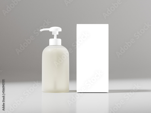 cylindrical Pump bottle and paper box mockup, ctranslucent plastic liquid dispenser packaging, frosted plastic skincare container, luxury liquids cosmetic dispenser, personal care product mockup
