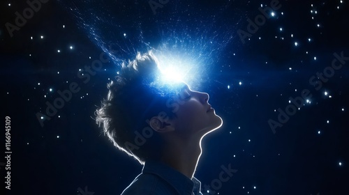 Man receiving cosmic energy from the universe, awakening his third eye photo