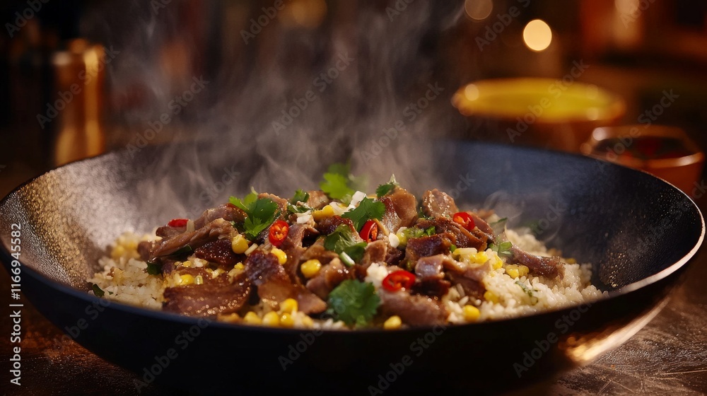 Crispy Duck Fried Rice with Chili and Cilantro Garnish