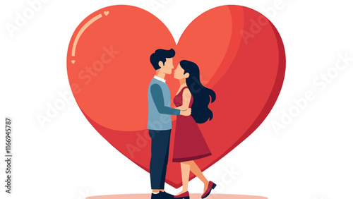 A couple stands closely together, gazing into each other's eyes, a heart behind them symbolizing love
