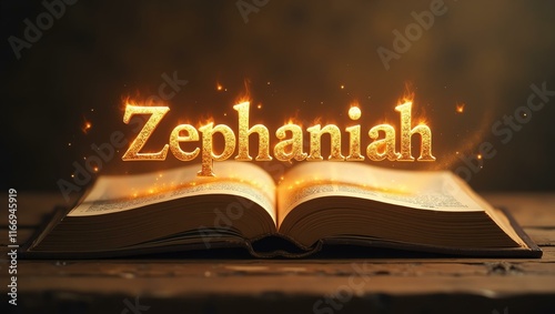 The name zephaniah floats gracefully a couple of inches above the open pages of an ancient Bible, as though it is levitating in mid-air