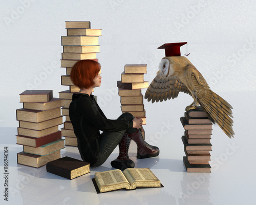 A teenager girl dressed in dark hoodie and boots, sitting on the floor among old book piles, talking to an owl in an academic hat. Concept of knowledge and learning. 3D illustration. 
