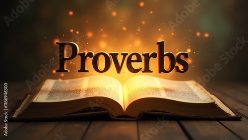 The name proverbs floats gracefully a couple of inches above the open pages of an ancient Bible, as though it is levitating in mid-air