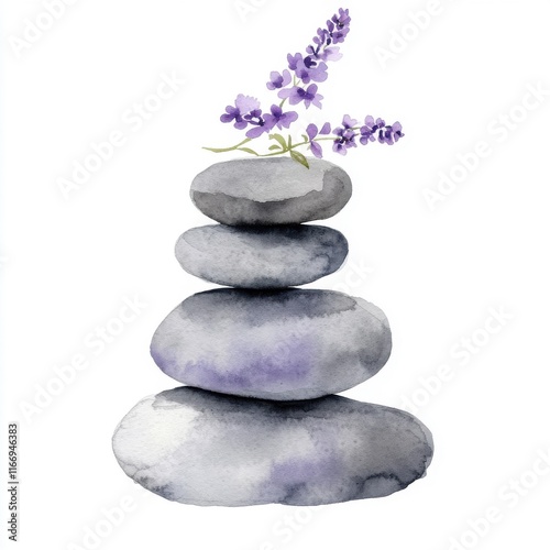Serene stack of stones adorned with lavender flowers, symbolizing tranquility and nature's beauty.