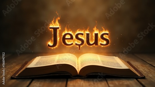 The name Jesus floats gracefully a couple of inches above the open pages of an ancient Bible, as though it is levitating in mid-air