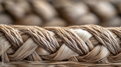 Close up of an intricate braided texture of natural beige or brown colored rope twine or cable material  The woven knotted and intertwined fibers create an abstract photo