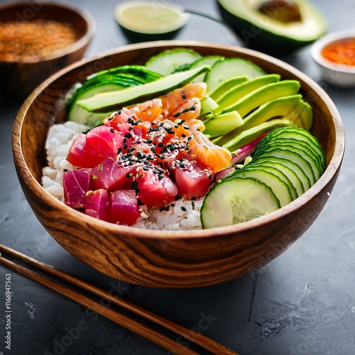 Fresh and Vibrant Poke Bowl with Sliced Tuna, Avocado, Cucumber, Radishes, and Sesame Seeds over Seasoned Rice – Healthy, Gourmet, Colorful Meal, Clean Eating, Perfect for Modern Cuisine photo