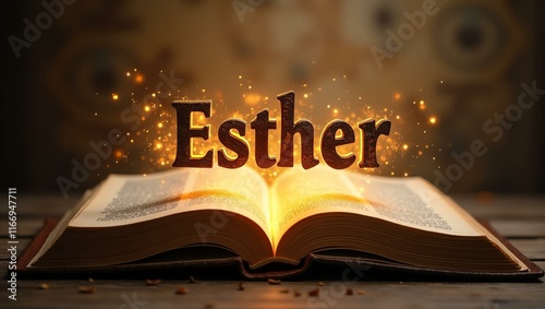The name esther floats gracefully a couple of inches above the open pages of an ancient Bible, as though it is levitating in mid-air